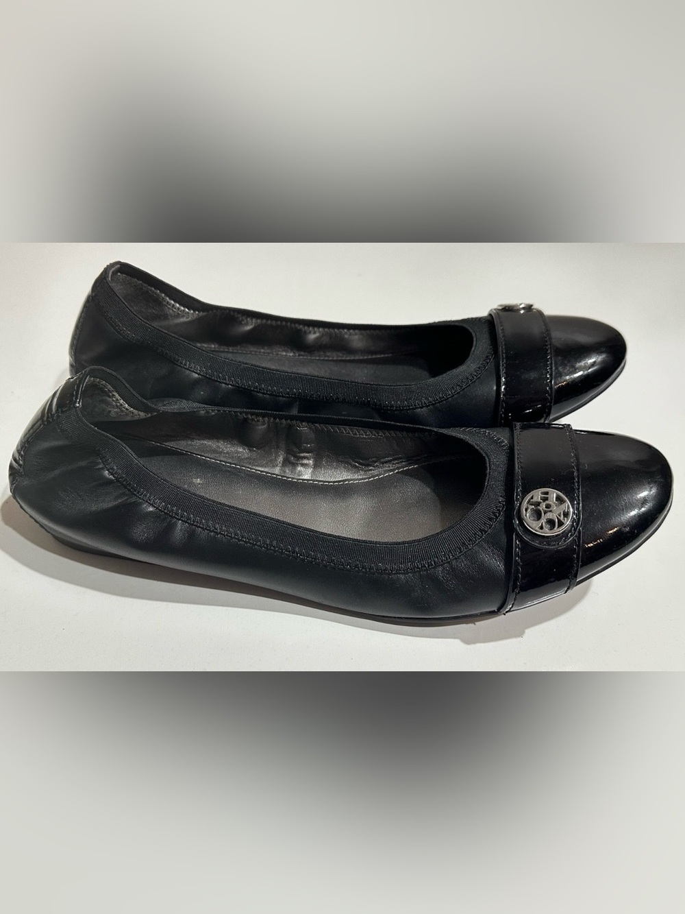 Coach Chelsea Chelsey Black Leather Ballet Flats Strap Logo 10B Comfort